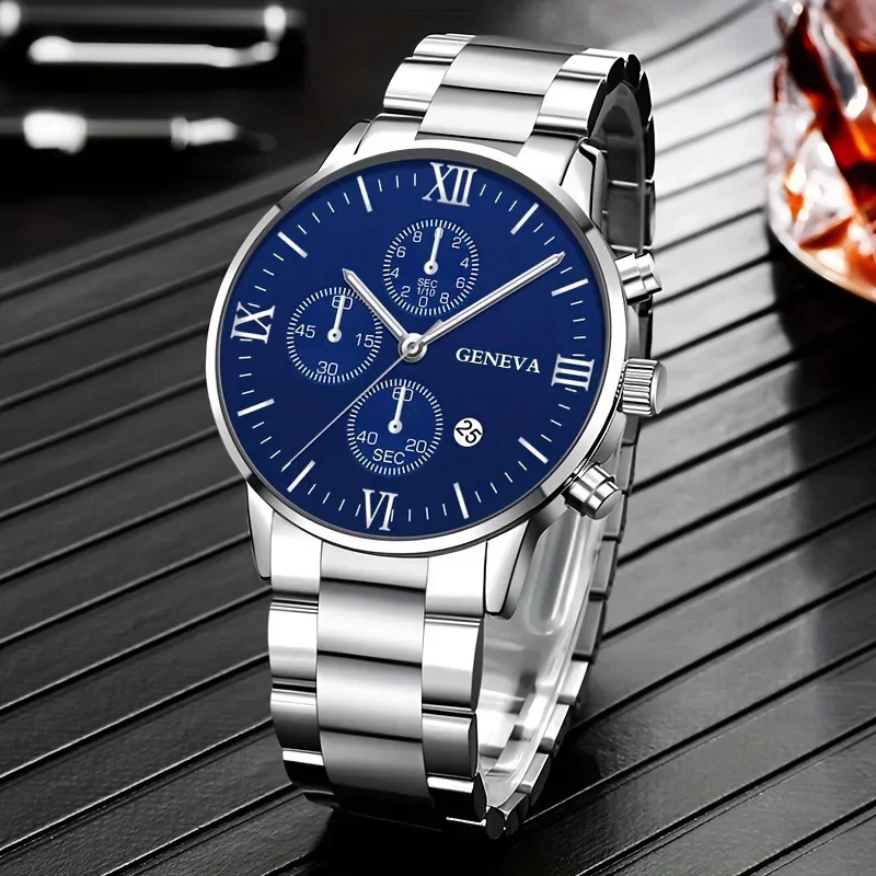 1pc Fashion Men Watches Classic Calendar Men\'s Round Quartz Watches, Men\'s Business Stainless Steel Watch Men Bracelets Necklace