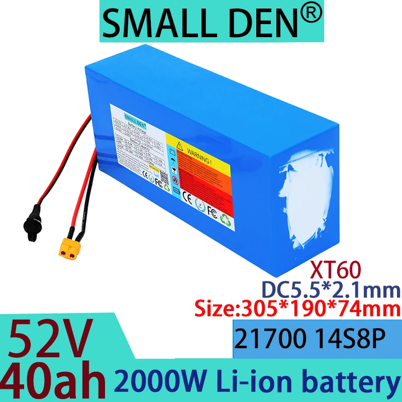 52V 40ah 21700 14S8P lithium-ion battery pack, 40A with 2000W BMS off-road vehicle solar outdoor+58.8V 2A 3A 5A charger