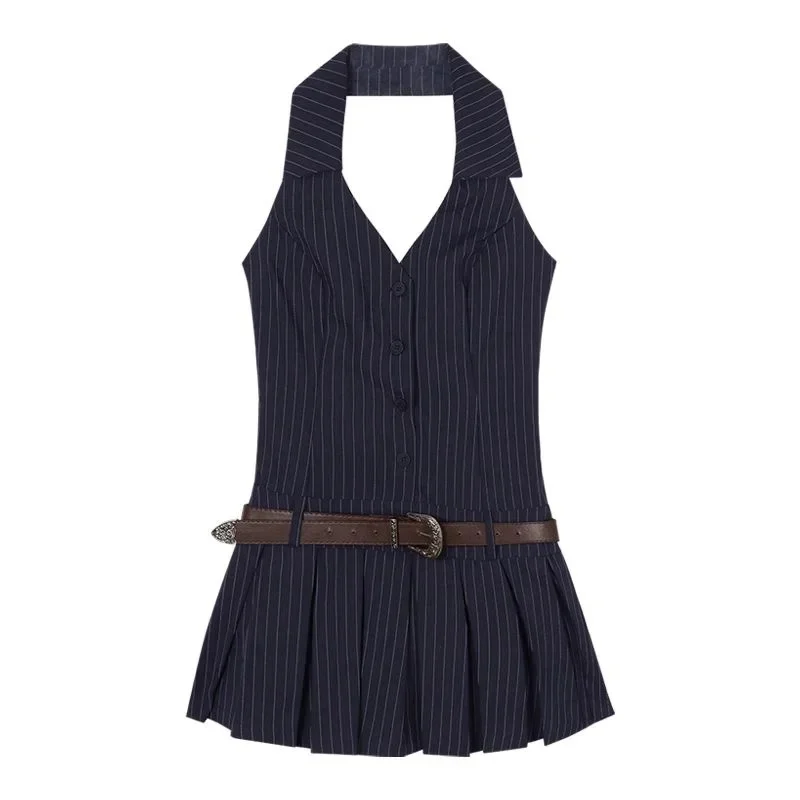 Fashion V-neck Sleeveless Dress Women Striped Single Breasted Pleated Sweet Sexy Backless Vestidos Summer Korean Mini Dresses