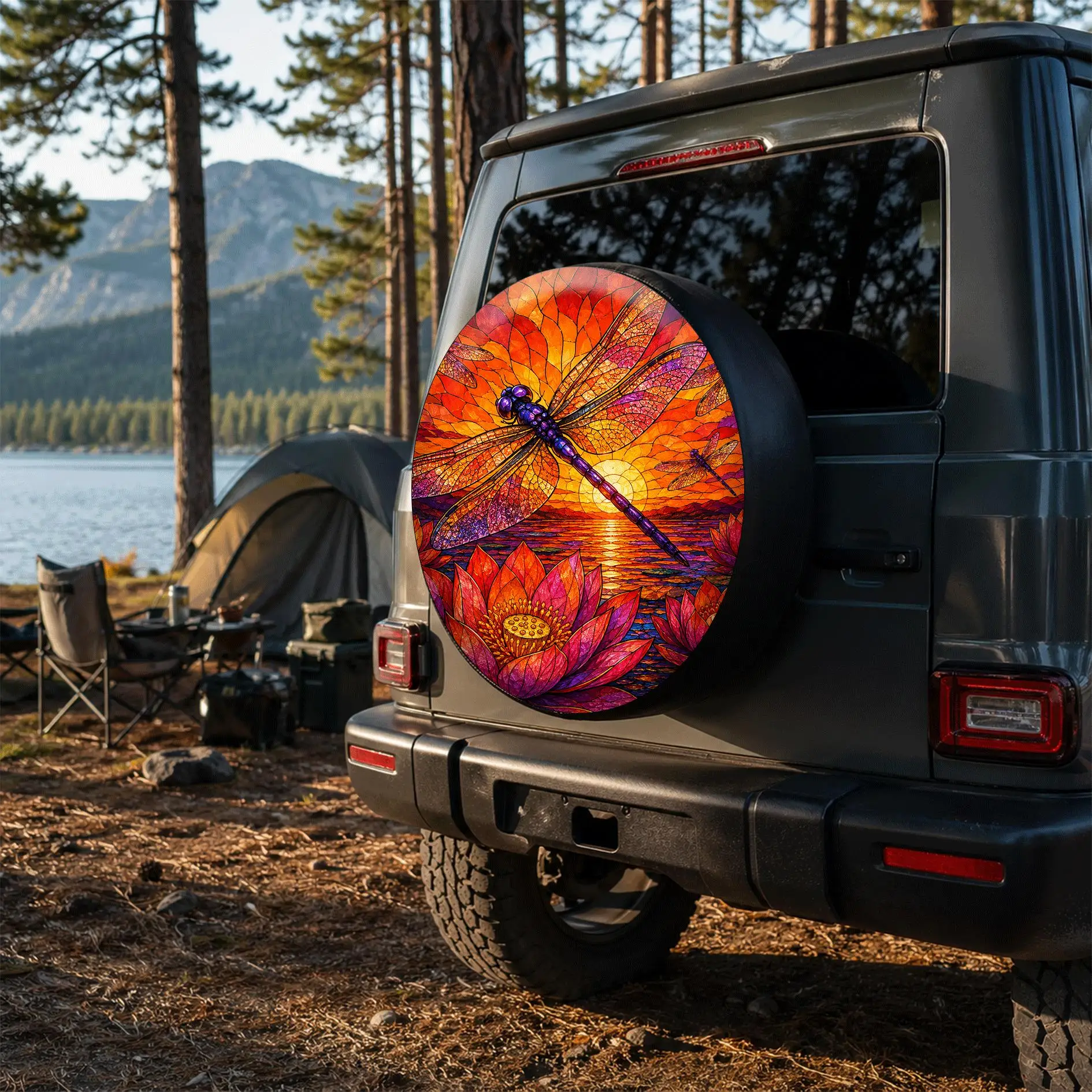 Dreamy Dragonfly Water Lily Print Car Tire Cover Universal Spare Wheel Protector for Camping Daily Use