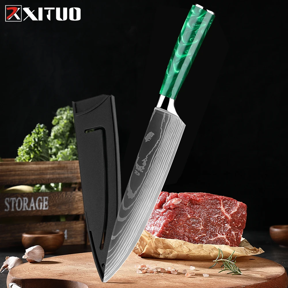 

XITUO German stainless steel Chef knife 8inch Kitchen knife Green resin handle Sharp Salmon and ham slicer Knife With sheath