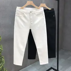 Korean Summer Jeans New Men's Solid Zipper Fly Pockets Trendy Brand Fashion Straight Elastic Small Foot Slim Ankle Length Pants