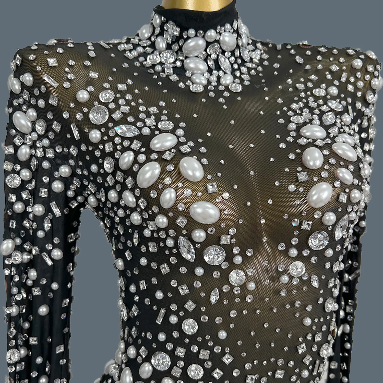 

Black See Through Mesh White Pearls Bodycon Long Dresses Sparkly Rhinestone Stunning Couture Sexy Women Event Outfit Tiaoliao