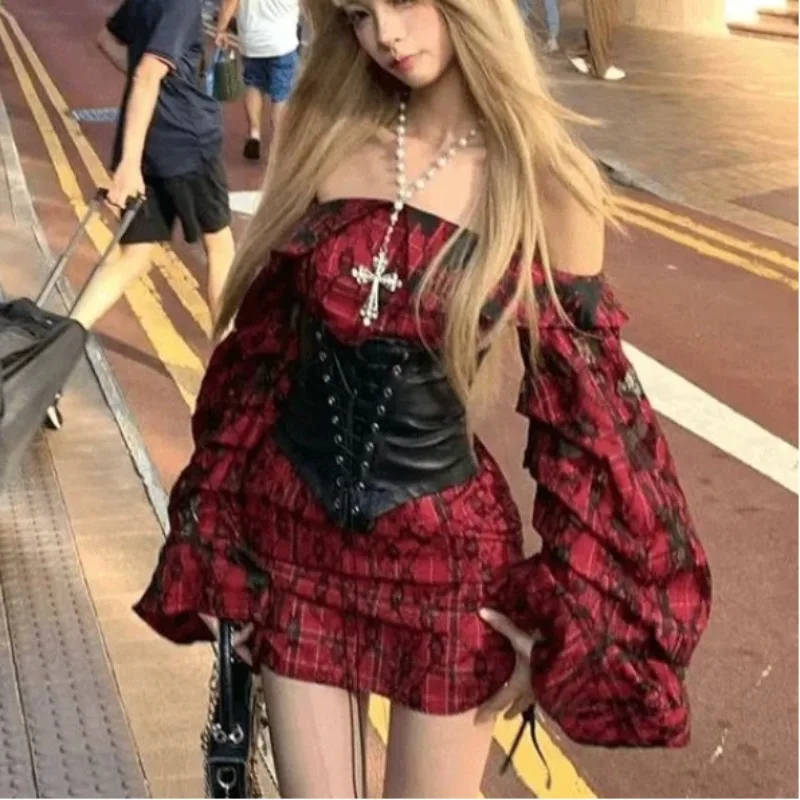 

Harajuku Dark Gothic Red Dress Women Streetwear Y2k E-girl Hotsweet Irregular Adjustable High Wiast Cinching Two-piece Set