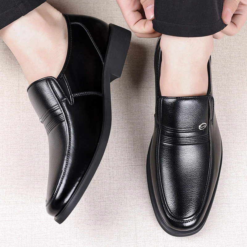 

Autumn Black Genuine Leather Slip On Loafers Formal Business Casual Office Groom Wedding Daily Wear Dad Shoes Simple One Kick