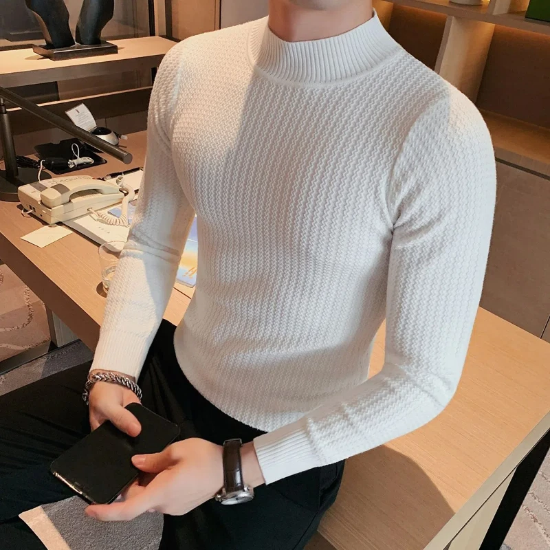 Half High Neck Sweater for Men in Autumn and Winter Slim Fit Trend Long Sleeved Knitted Base Shirt, Versatile Solid Color Top