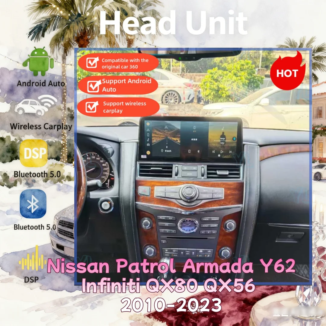 E For Nissan Patrol Armada Y62 Infiniti QX80 QX56 2010-2023 Car Radio Android 14 Screen GPS Carplay Car Multimedia Vid 4G BT 5.0