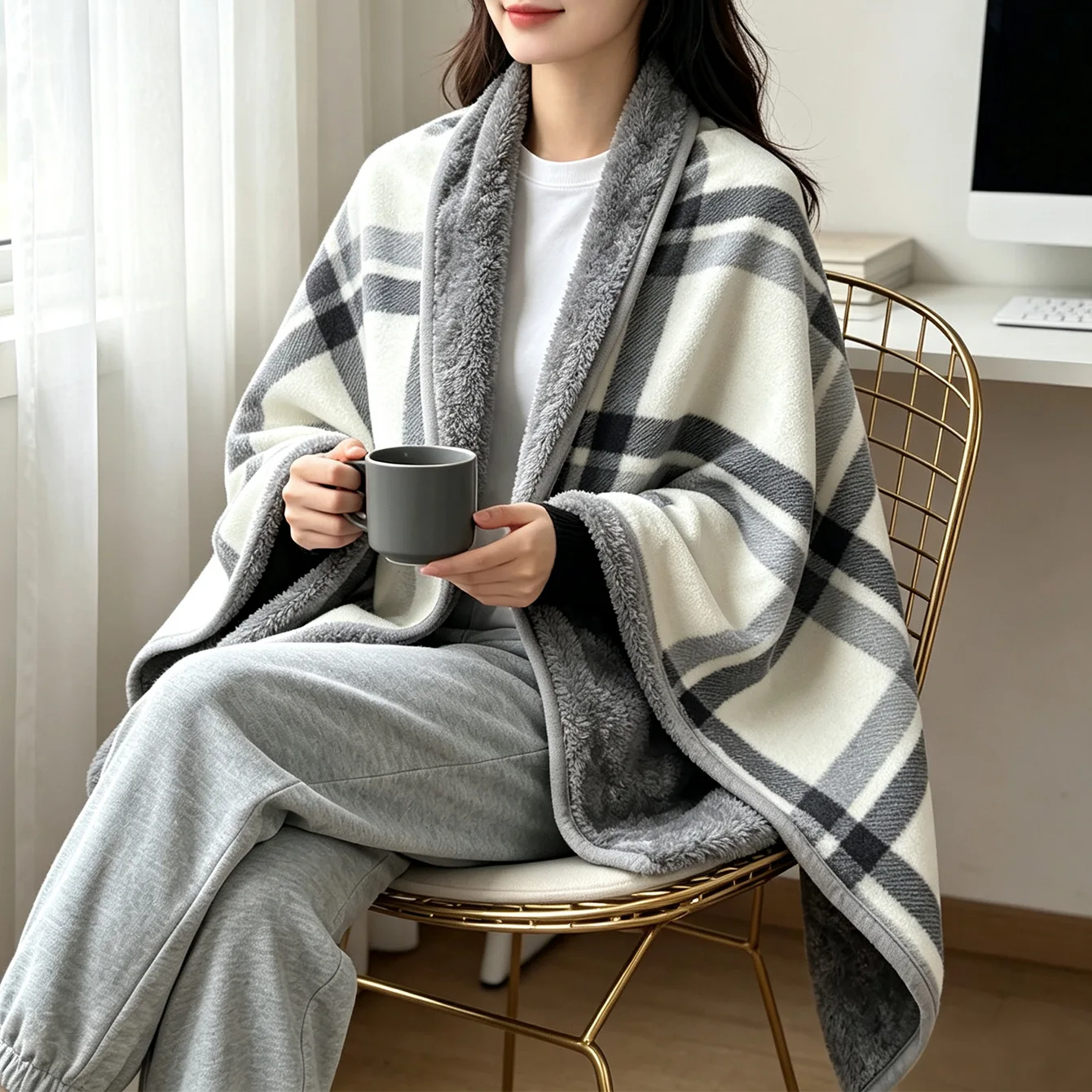 Women Plaid Flannel Shawl Blanket 2 in 1 Multi-use Office Warm Cloak Autumn Winter Thick Wearable Nap Throw Blanket Outdoor Wrap
