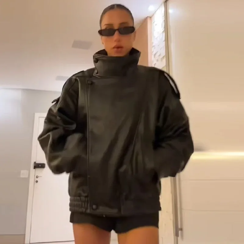 

Stylish Pu Leather Jacket Stand-collar Loose Long Sleeved Coat Cool Casual Chic Versatile Outerwear New Autumn Women Streetwear