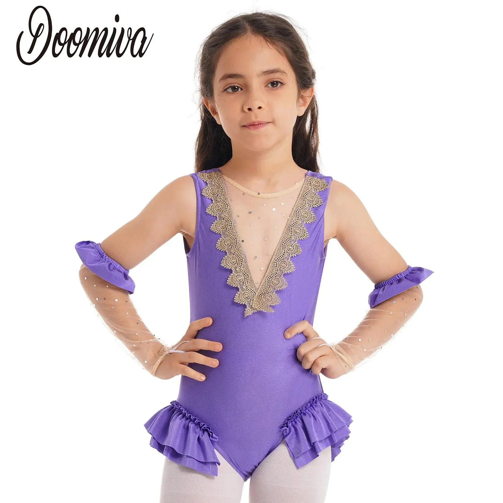 Kids Girls Showman Halloween Carnival Costumes Role Play Princess Dresses Leotard Bodysuit with Arm Sleeves Cosplay Theme Party