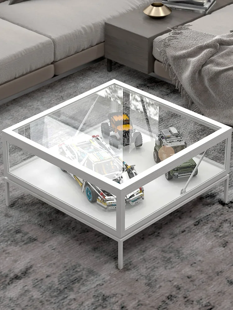 Nordic wrought iron tempered glass coffee table living room storage