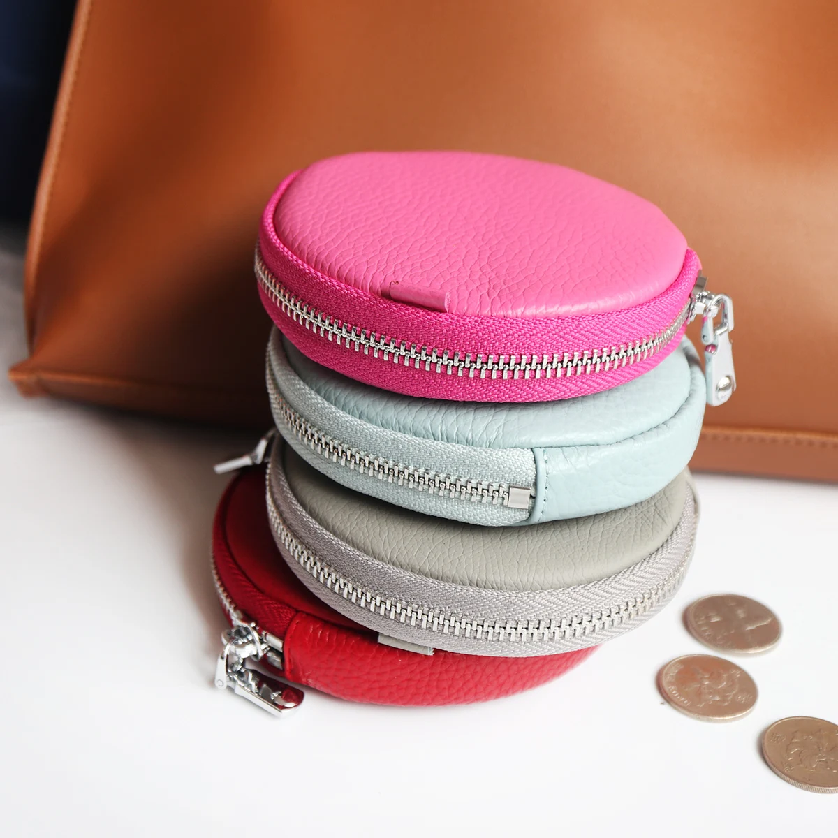 Genuine Leather Zip Round Coin Purse Custom Letters Gift Women Small Circle Pouch Personalize Name Girl Cowhide Money Pocket Bag