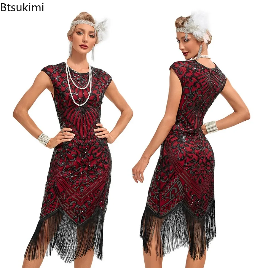Summer Women Vintage Sequined Fringed Tassel Embroidery Short Sleeve Dress 1920s Fashion Banquet Gatsby Party Ball Evening Dress
