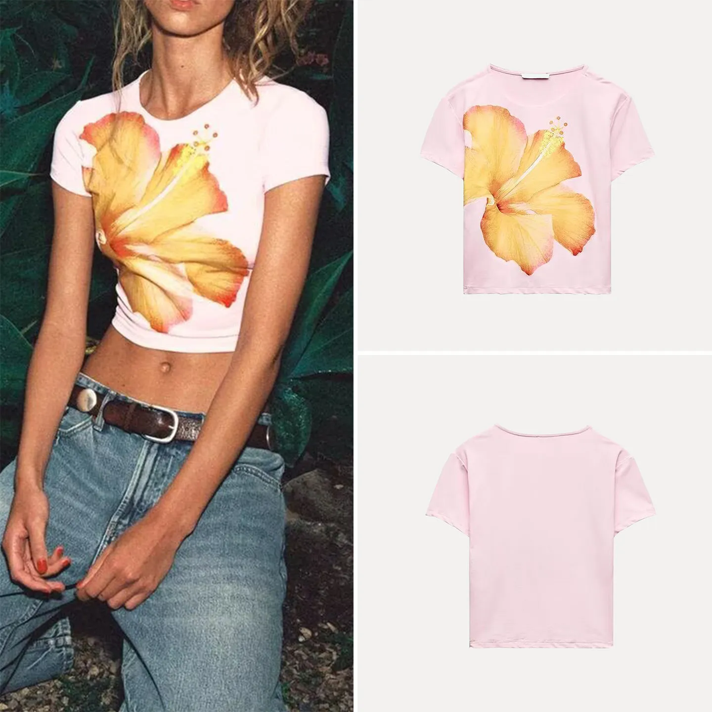 

Spring 2026 Women's Slim Fit T-Shirt Floral Print Short Sleeve round Neck Top ZADATA Brand Casual Fashion Ladies' Tee