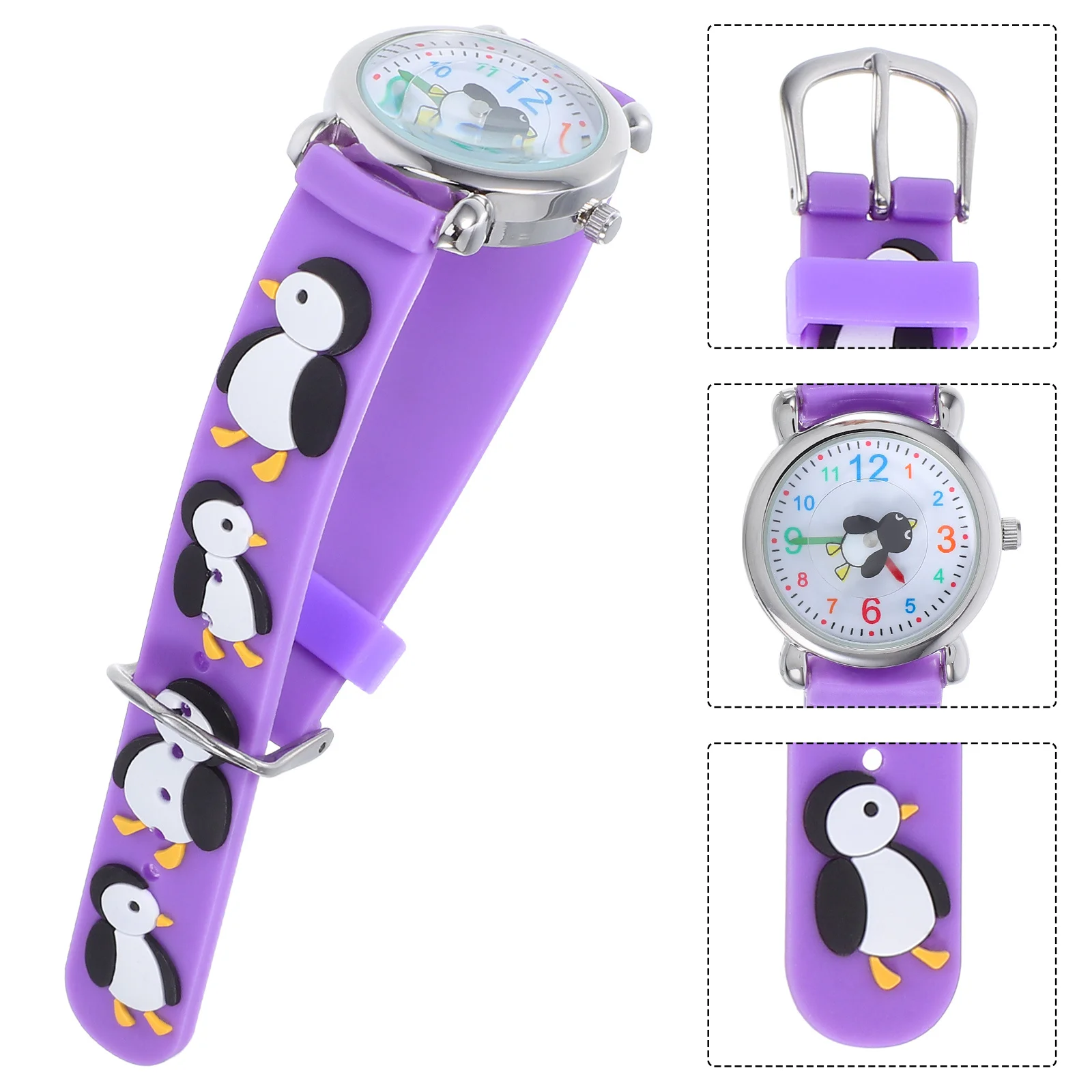 Cartoon Penguin Watch Purple Waterproof Comfortable Wristband Analog for Outdoor Study Activities