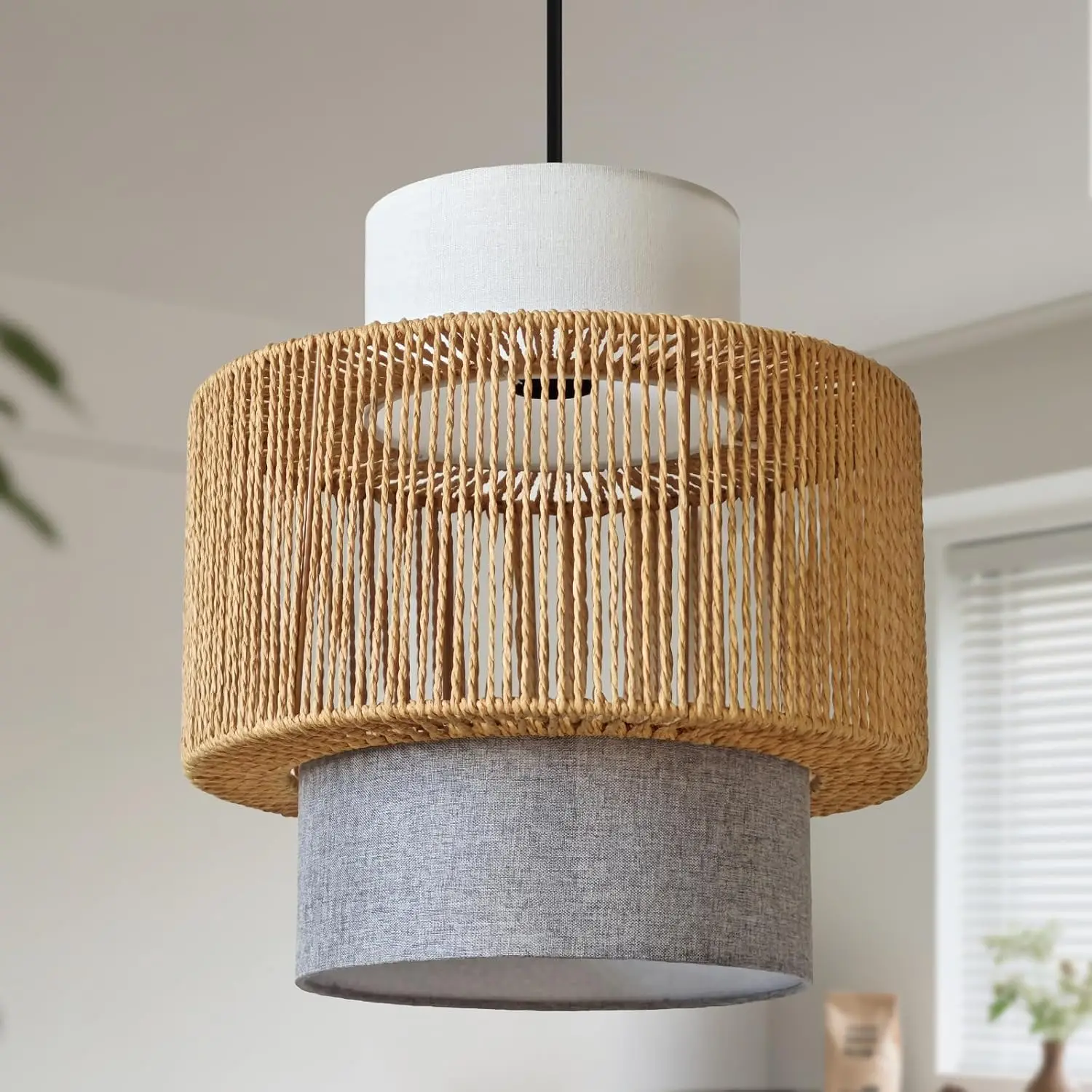 

3-tier Drum Lamp Shade for Pendant Lighting Floor Lamps Chandelier，Vintage Rattan and Fibric Lampshade for Hanging Lamp