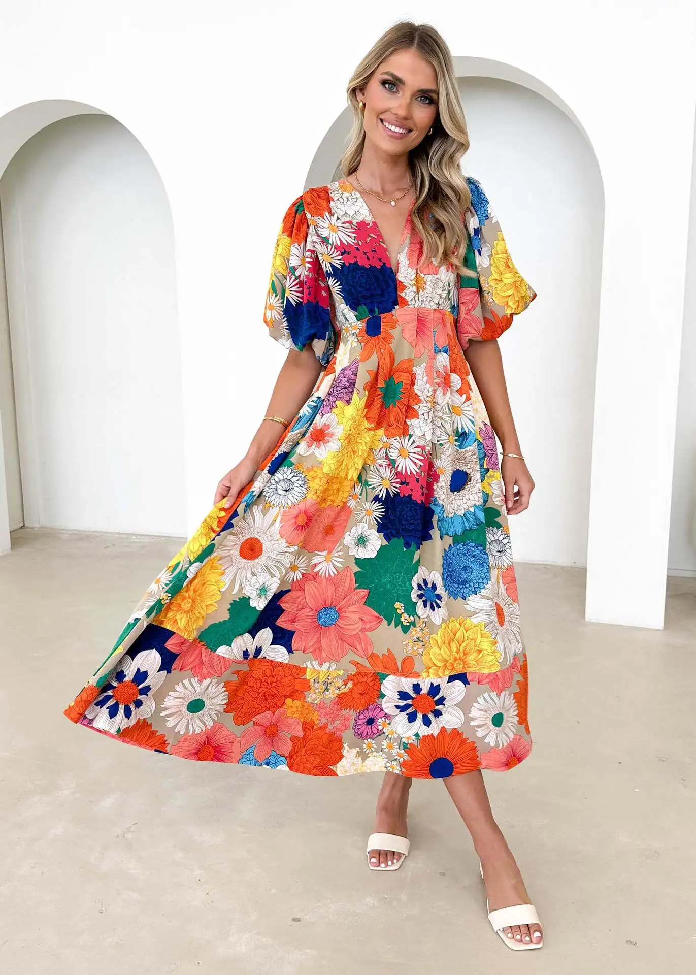 Women's Summer Flowers Dress Fashion Floral Print Lantern Sleeves A-line Long Dresses V-neck Temperament Elegant Ladies Vestidos