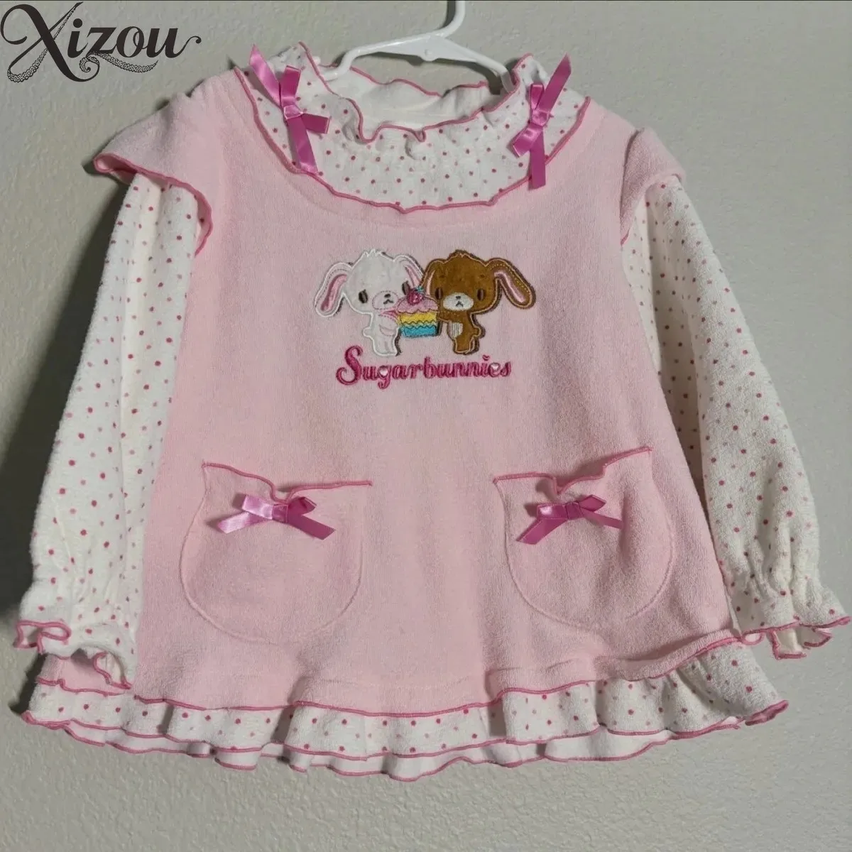 

Spring Autumn Japanese Sweet Cute Girl Tees Rabbit Embroidery Bowknot Casual T-shirt Ruffled Fake Two-Piece Long Sleeve Top