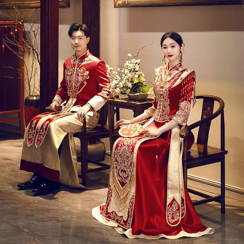 Robe de Mariée Traditionnelle de Style Chinois Cheongsam pour Couple, Tenue Classique à Paillettes, Perles, Broderie, Pompons