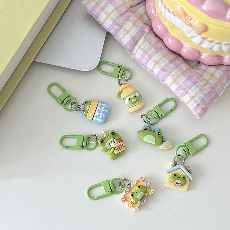 Cartoon Frog Key Chain Cute House Vase Photo Frame Frog Pendant Car Key Ring Backpack Charms Bag Decor Accessories