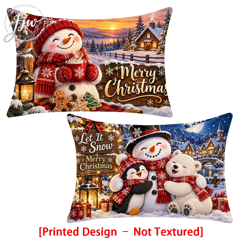 2pc Christmas Winter Snowman Polar Penguin Throw Pillow Covers Set of 2