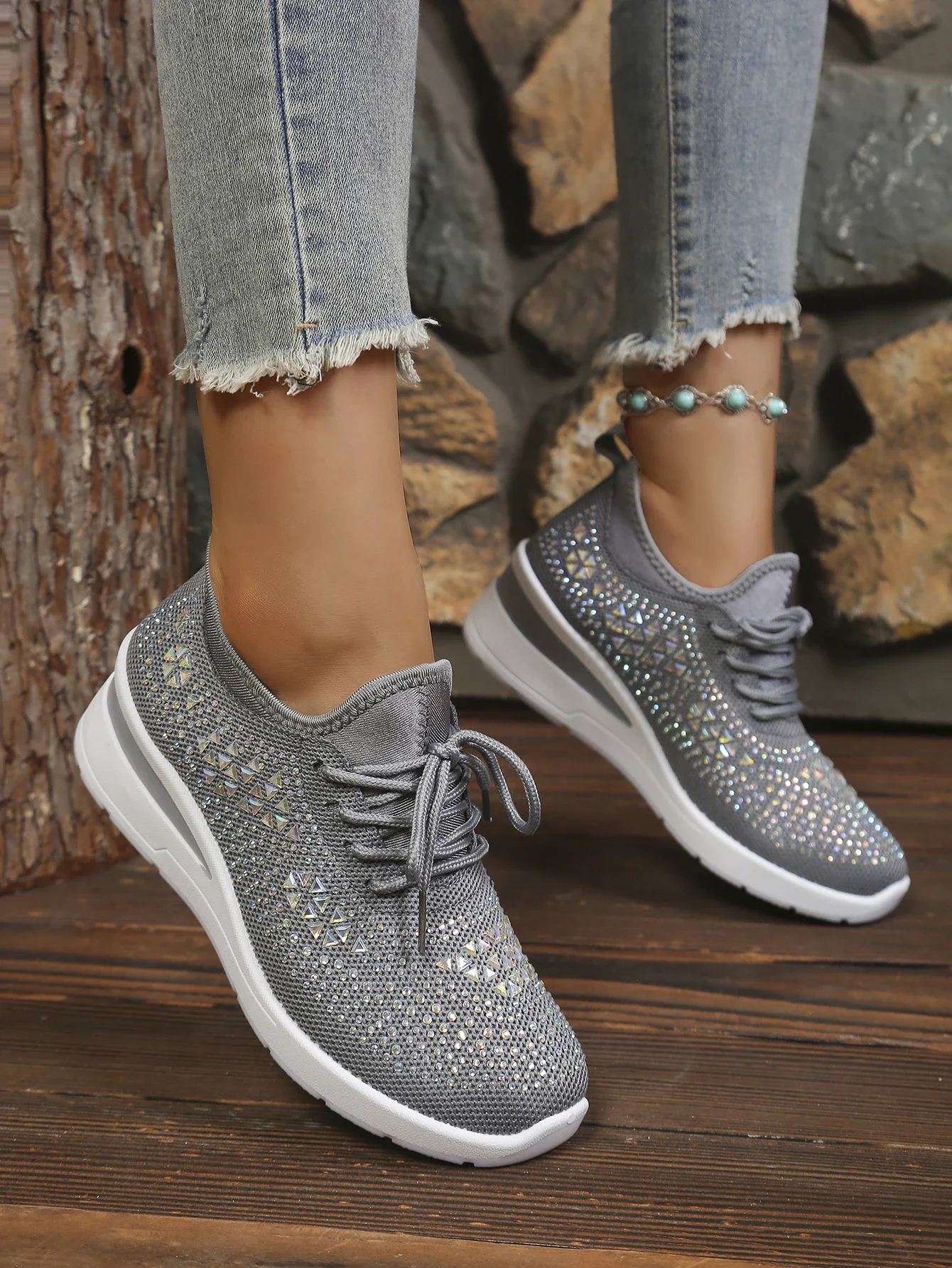 Damen Casual Walking Sneakers Atmungsaktives Mesh Geometrische Strass Versteckte Höhe Keilabsatz Plateau-Schuhe Kostenloser Versand Schuhe – Detail 26