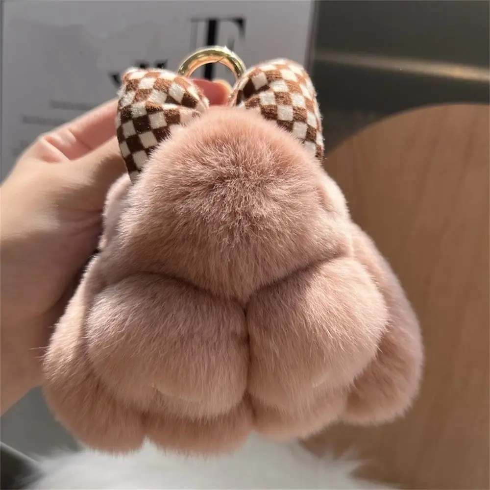 Women Girls Hair Bow Rabbit Fur Keychain Pompoms Cute Fluffy Bunny Keychain Bag Charm Rabbit Key Ring Couple Pendant