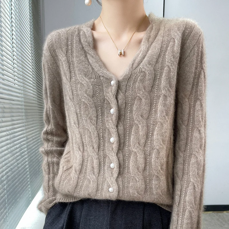 2023 Autumn And Winter New Wool Cardigan Female V-Neck Long-Sleeved Twisted Loose Pearl Button Sweater Bottoming Sweater Coat.