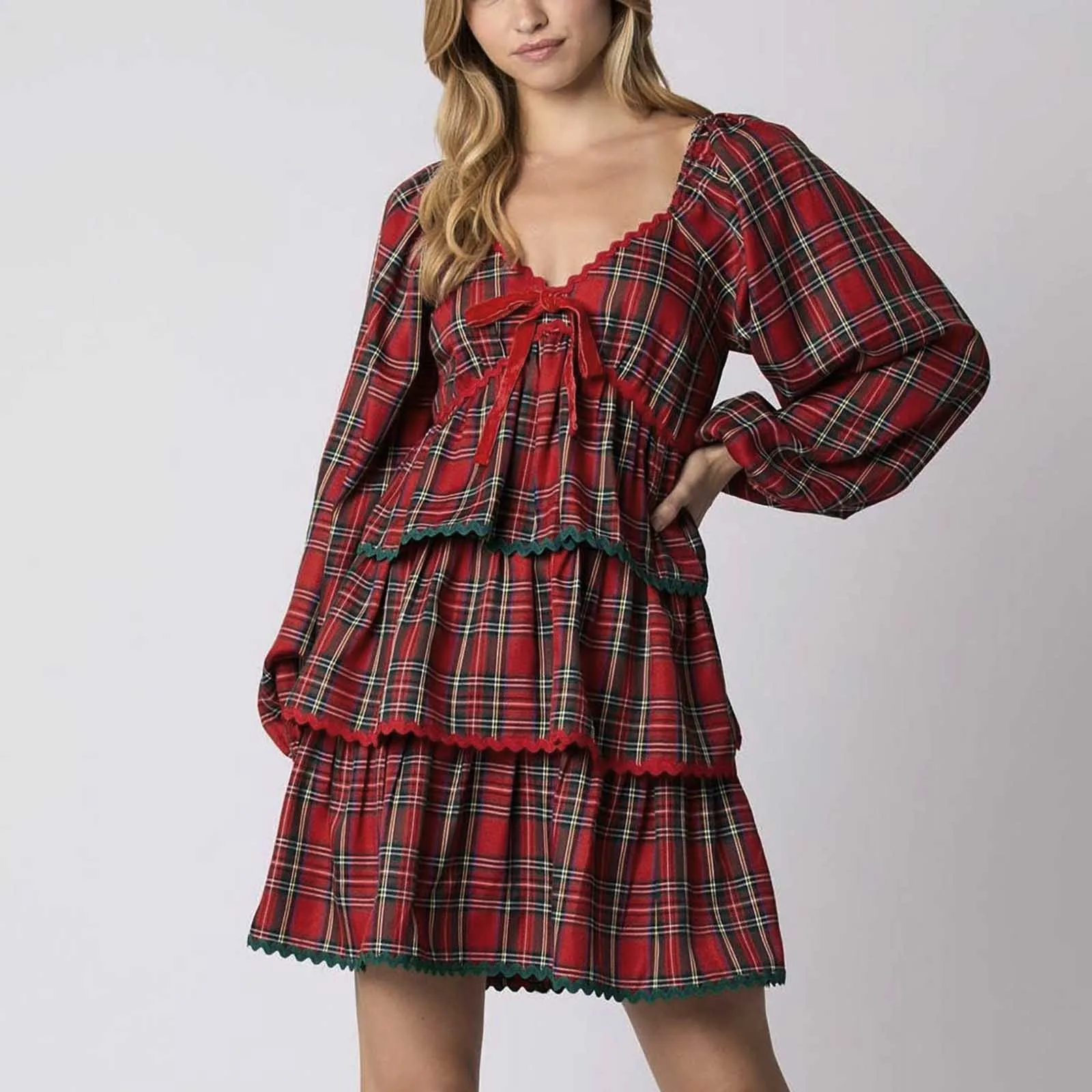 

Клетчатые платья, повседневное мини-рождественское женское платье, модное свободное вечернее платье трапециевидной формы с v-образным вырезом и длинным рукавом с ярким клетчатым принтом