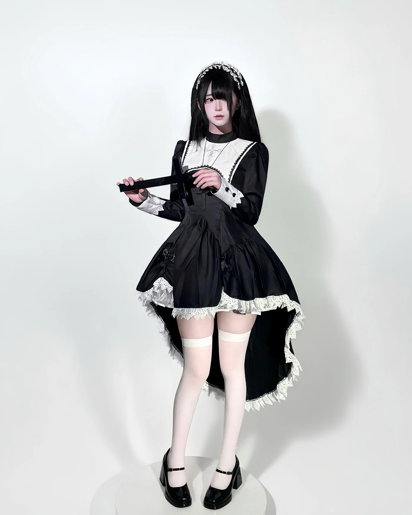 S -5XL Schwarzer Gothic Nonnenrock Cosplay Kostüm Karneval Mädchen Anime Kreuz Nonnenrock Beliebtes Party Halloween Y2k Schleppe Kleid 2025 – Detail 4