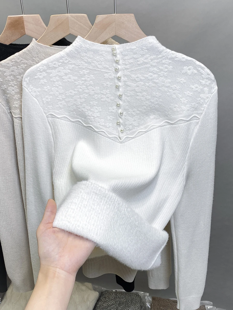 

Thiened Lace Splicing Pearl One-piece Velvet f-high Collar Women's Sweater Autumn Winter New Sle Inner Knitted Top
