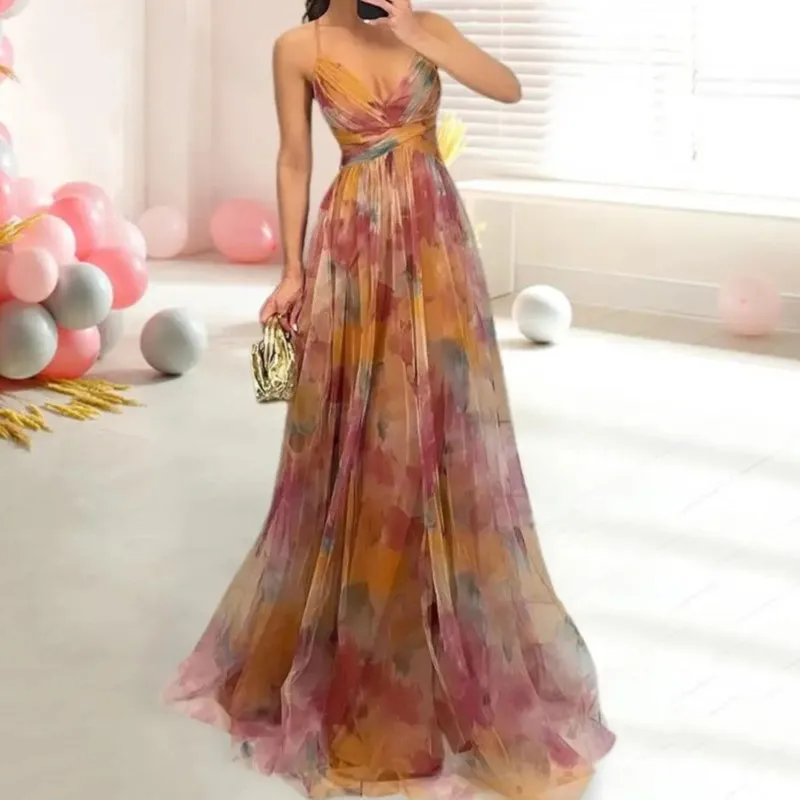 

Elegant Ladies V Neck Hollow Out Party Printing Maxi Vestido Women Sleeveless Lace Up Loungewear New Fashion Printed Long Dress