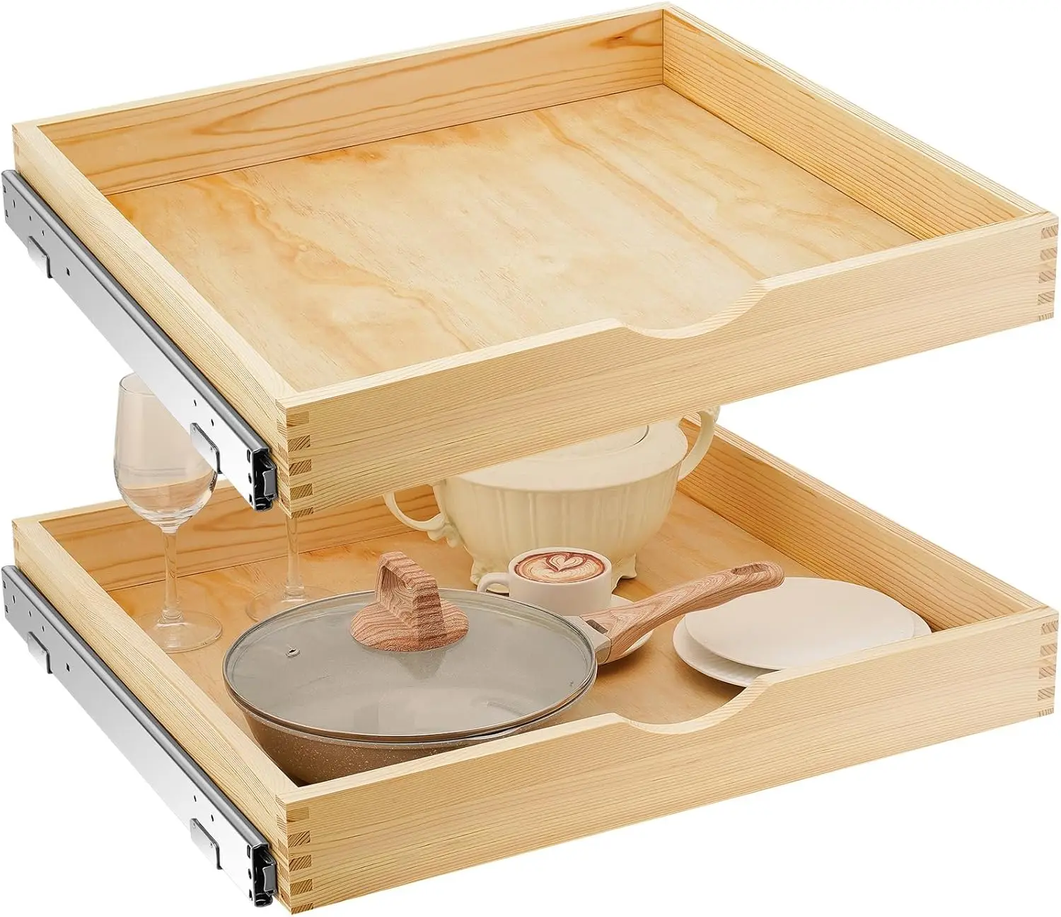 

2 Set Pull out Tray Cabinet Organizer Wooden Pull Drawers storage Slide out Pantry Shelf for Base Cabinet Kitchen Gentle Clos