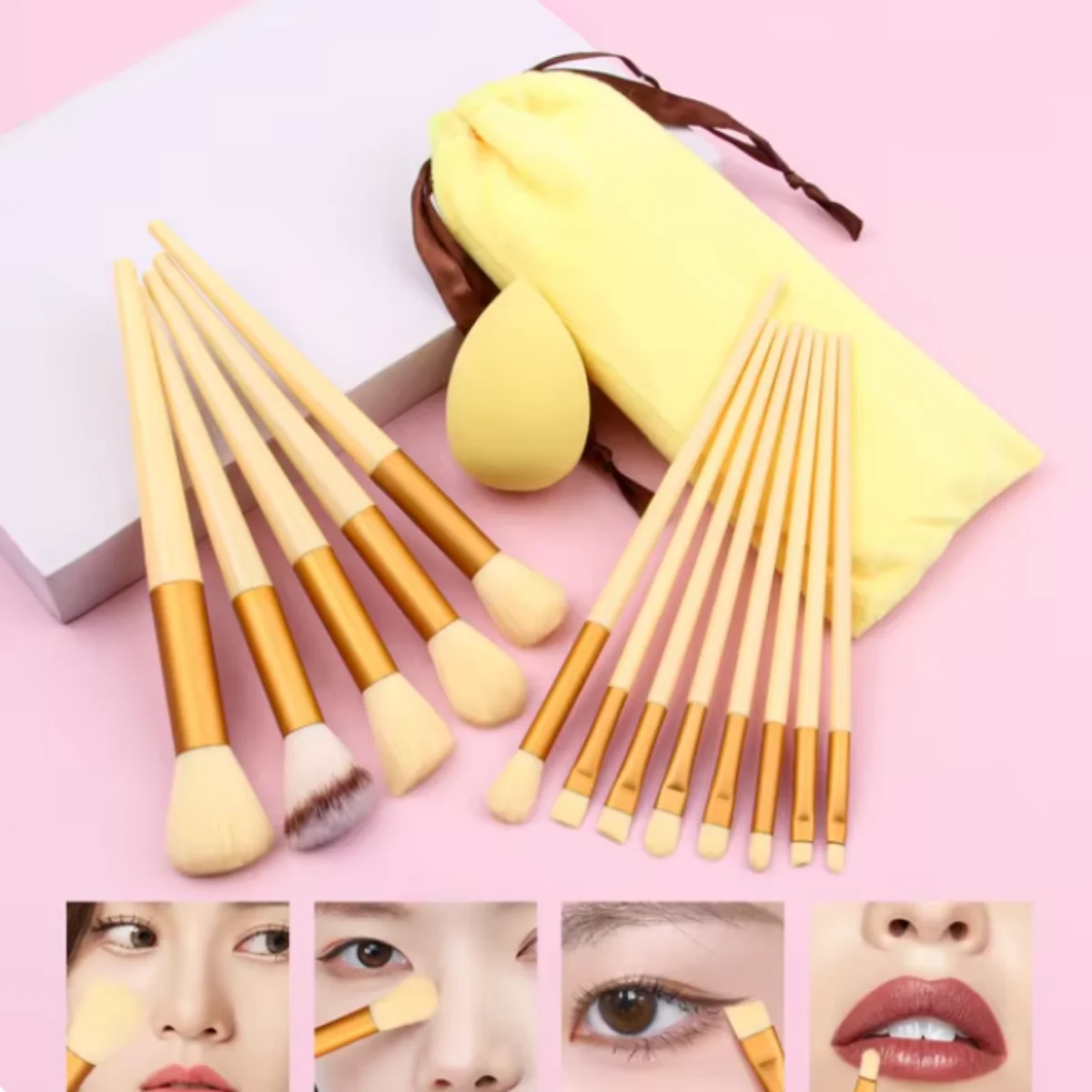 13pcs yellow makeup brush set, flannelette bag, portable eye shadow set, powder brush tool+soft, dry and wet makeup egg