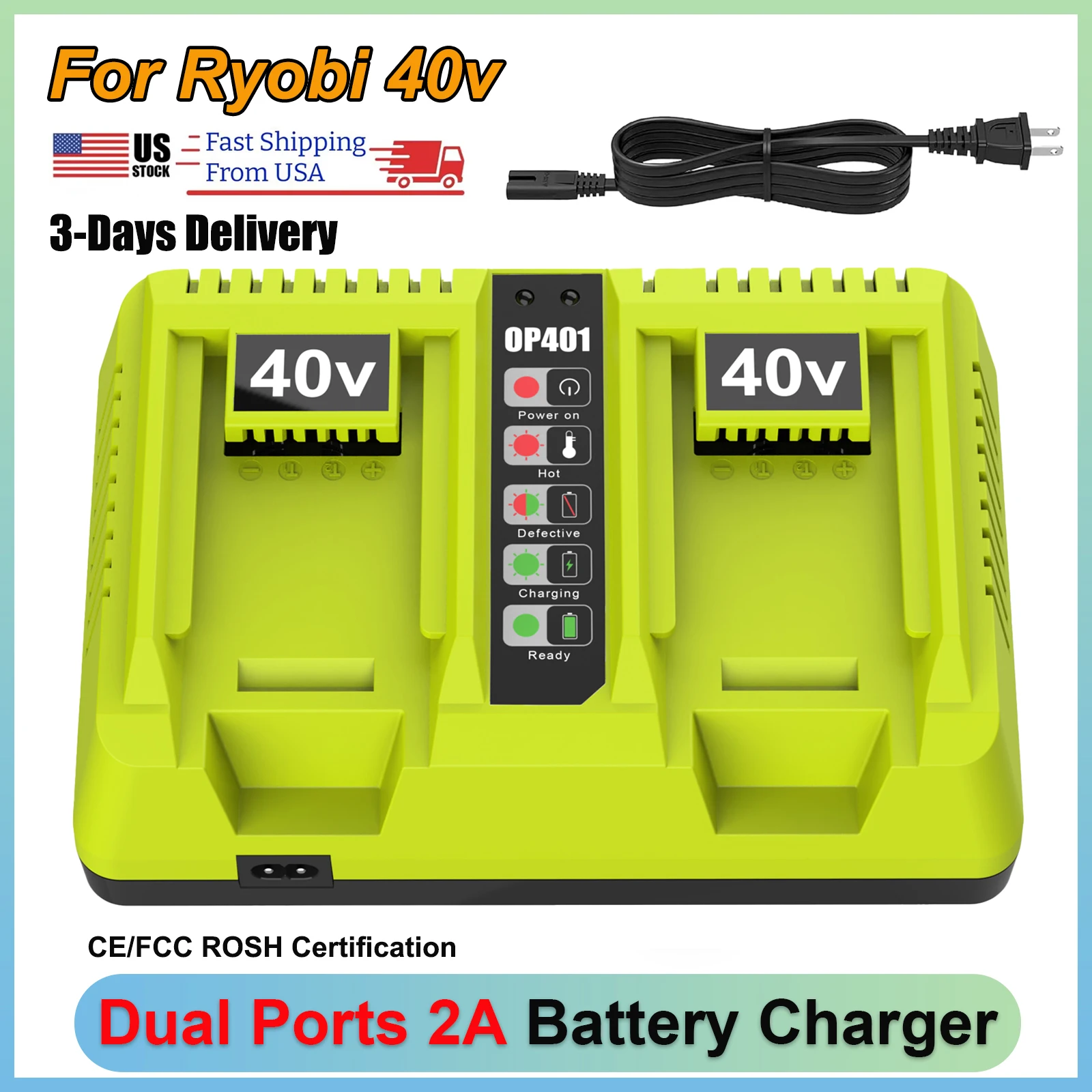 For Ryobi 40V Single/Dual Ports Battery Charger Compatible for Ryobi OP4026 OP4030 OP4050A Li-ion Battery Power Tools Charger