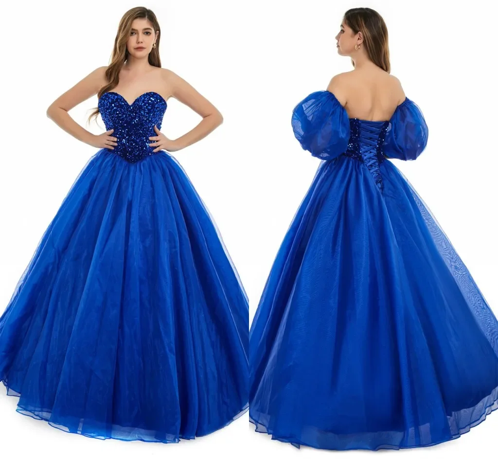 2024 nuove perline di paillettes corsetto A cuore indietro abiti da sera Quinceanera Sexy Backless Royal Blue A Line abiti da ballo