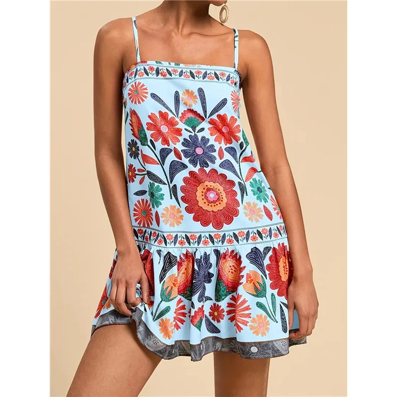 ASDS-فستان نسائي قصير بوهو منقوش عليه زهور - فستان بحاشية مكشكشة وحزام سباغيتي للإجازات بدون أكمام