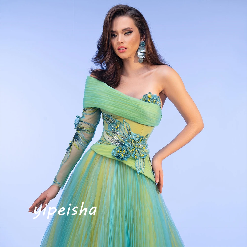 Yipeisha Matching Women One-shoulder Ball Gown Celebrity  Applique Draped Floor Length Organza Evening Vestido