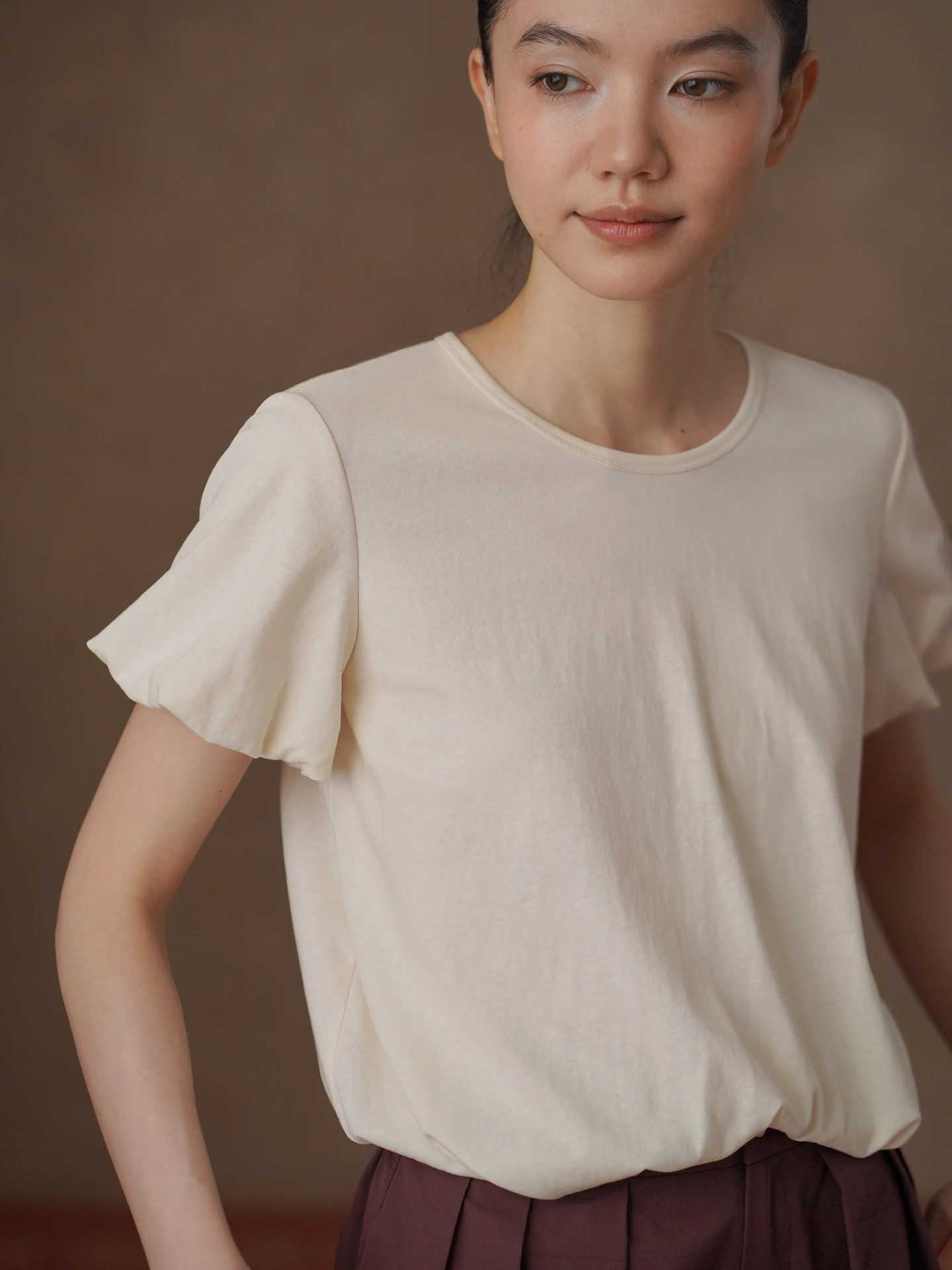 Slimming Effect Short Sleeve round Neck Commute Basic T-Shirt Hacikis Soft Milk Simple Style Lantern Sleeve Slimming T-Shirt