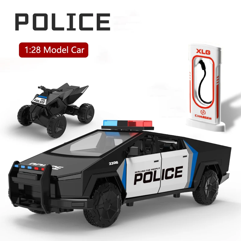 Modèle de voiture en alliage de ramassage de Police simulé 1:28, son et lumière, jouet rétractable, véhicule tout-terrain, Collection pour garçons, ornements, cadeau