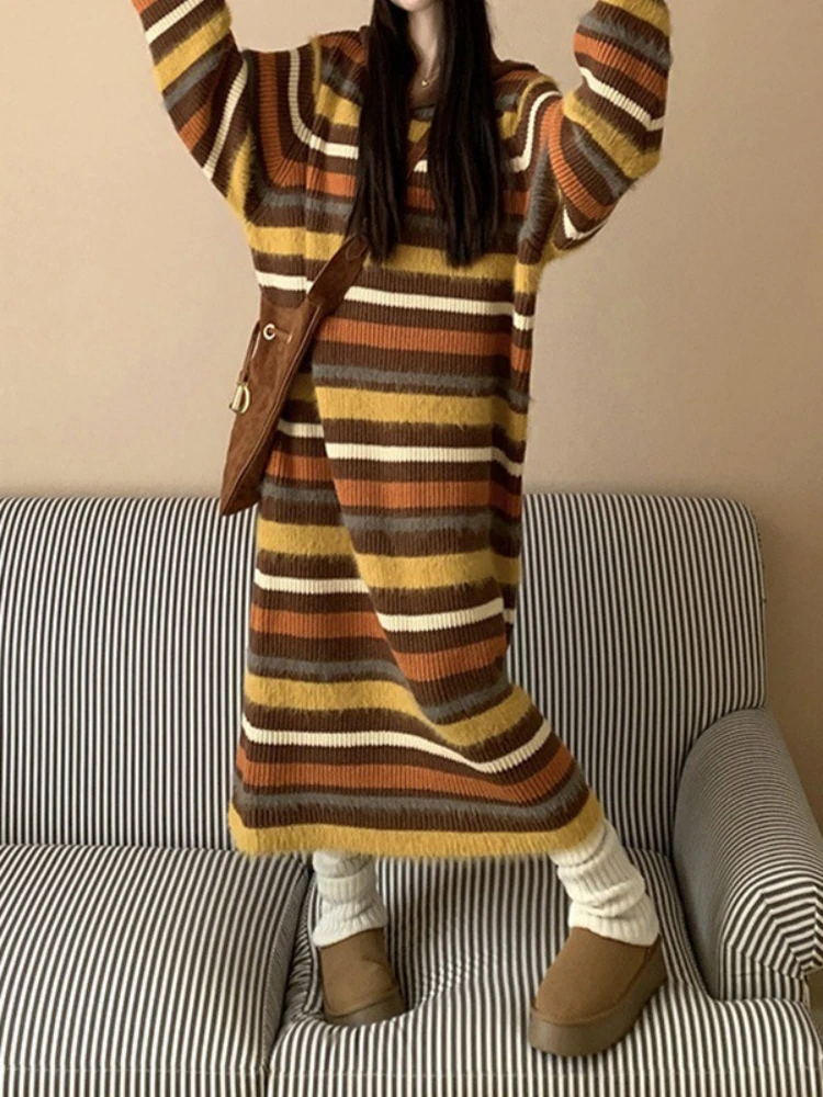 الخريف الشتاء خمر فستان طويل مخطط الألوان المتناقضة الملابس النسائية عادية فضفاض مقنعين زر مستقيم محبوك فساتين