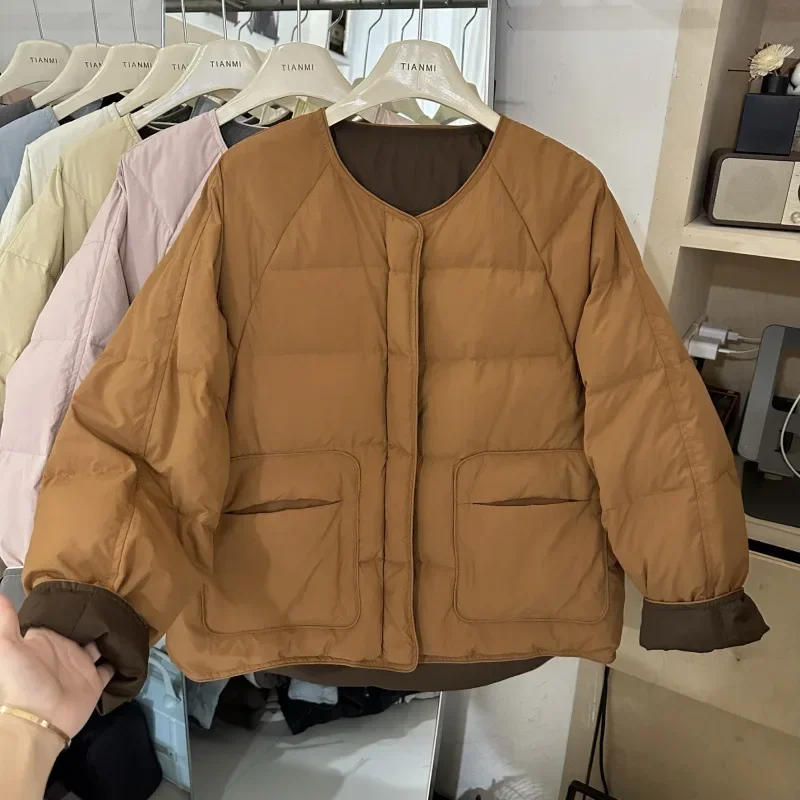 

Korean Style Color Block Round Neck Thickened Cotton Jacket Women's Winter New Loose Lightweight Warm Outerwear