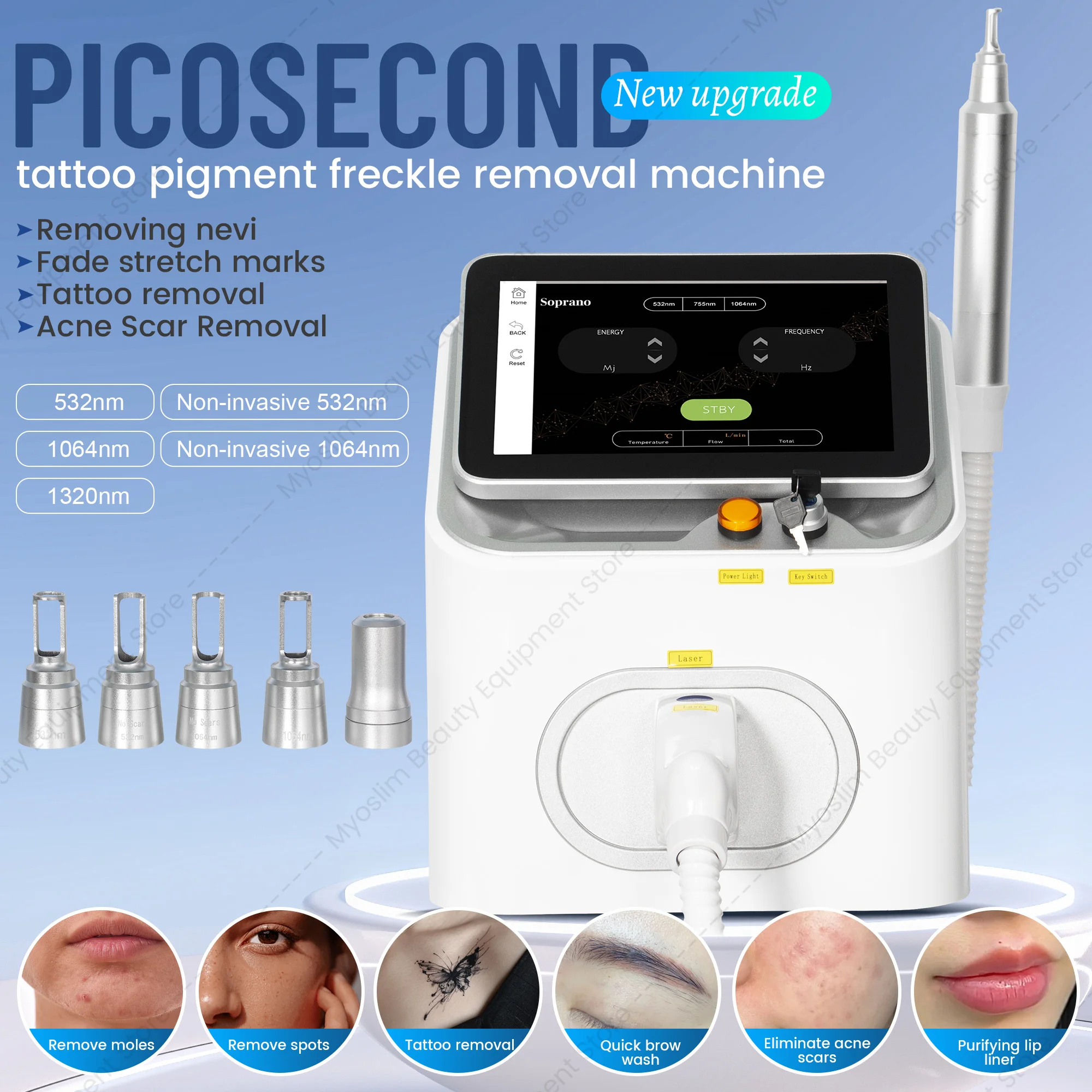 Professional 3 Wavelength 532nm 755nm 1064nm Picosecond Nd YAG Laser Tattoo Removal Machine Pigment Removal Skin Rejuvenation
