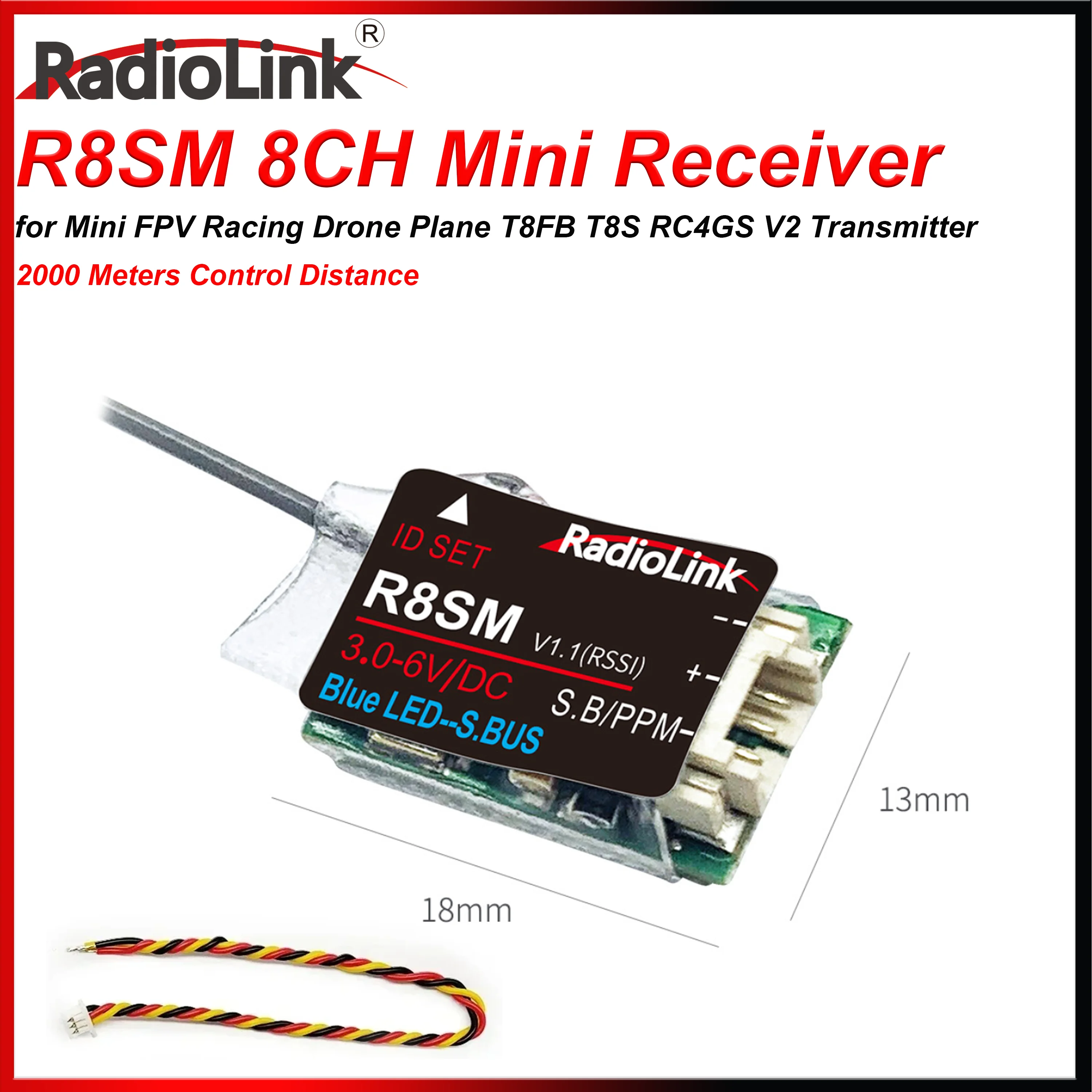 Radiolink R8SM 8 Channels 2.4G Mini Receiver Support SBUS PPM 8CH for RC FPV Racing Drone Plane T8FB T8S RC4GS V2 Transmitter