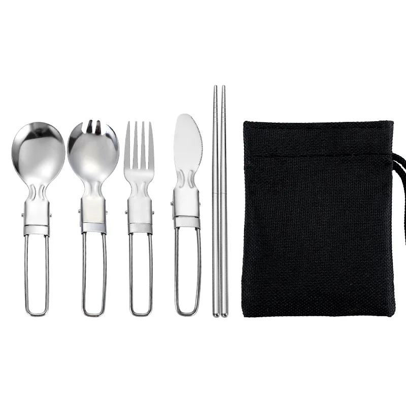 Travel Set with Mesh Bag 5pcs Stainless Steel Cutlery Spoon Fork Chopsticks Knife Set Tableware Dinnerware Portable Home Camping