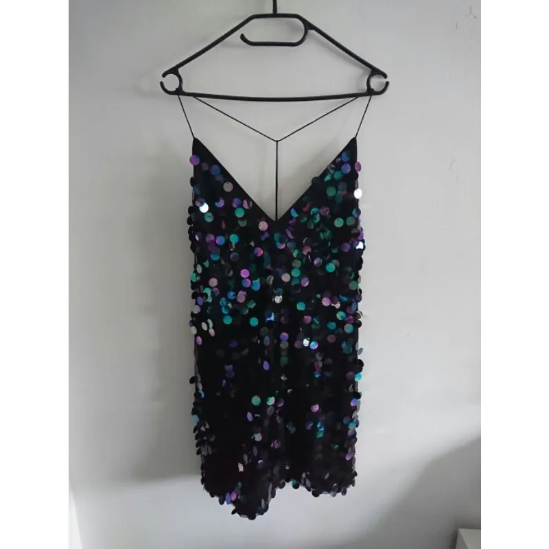 2024 New Sexy Ladies Sequins Short Dress Fashion Women Deep V backless Halter Skirt Dress Nightclub Female Bodycon Dress