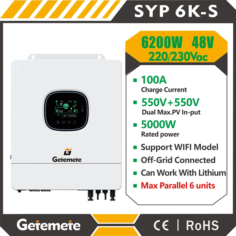 GTMT SYPS 6KW 220/230V dual hybrid solar inverter MPPT 100A 12400VA pure sine wave inverter 48V battery off-grid solar inverter