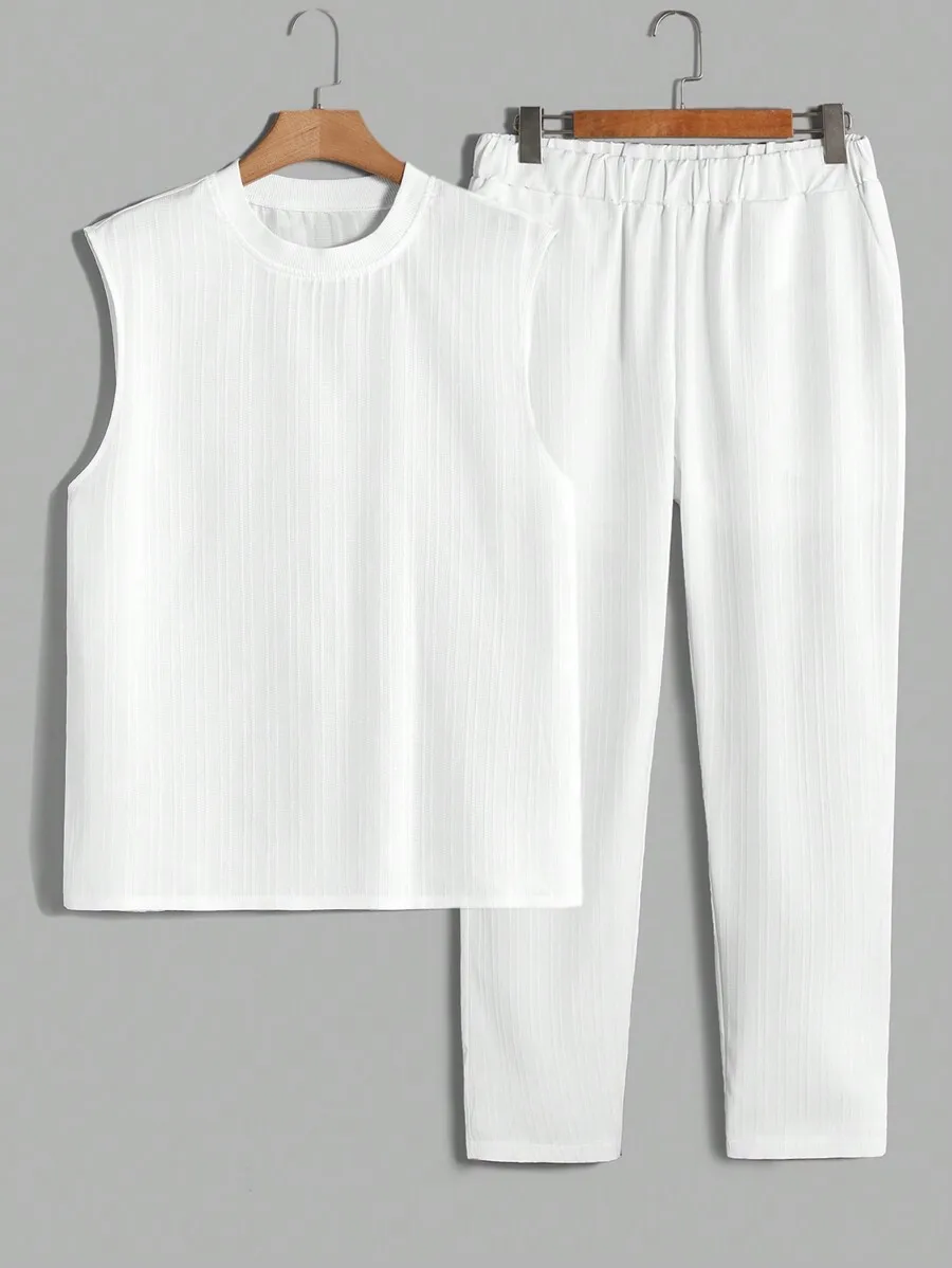 

Мужской белый текстурированный топ без рукавов и брюки с эластичным поясом, комплект из 2 предметов