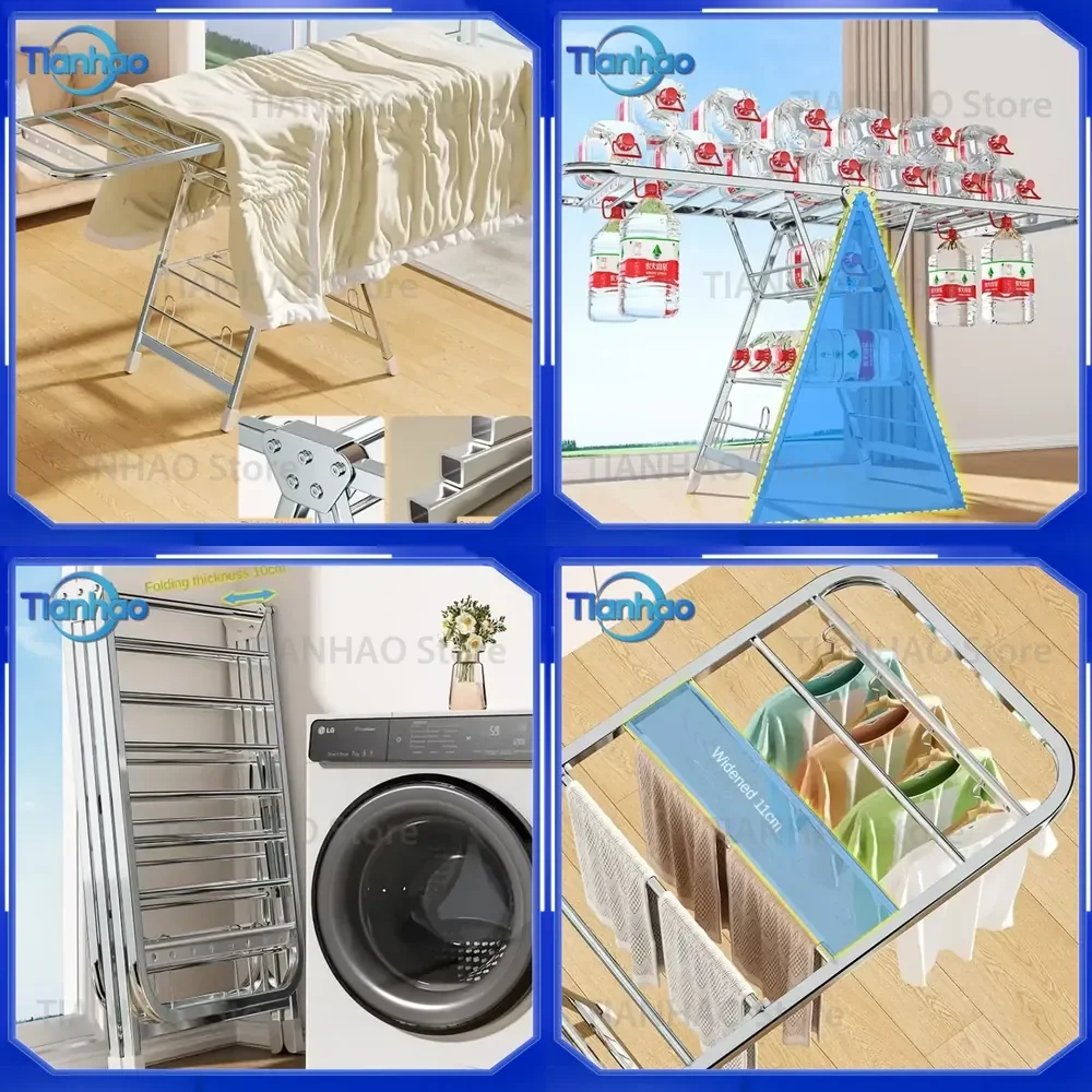 Stainless Steel Folding Drying Rack for Balcony Floor Multi-functional Outdoor Wing Clothesline