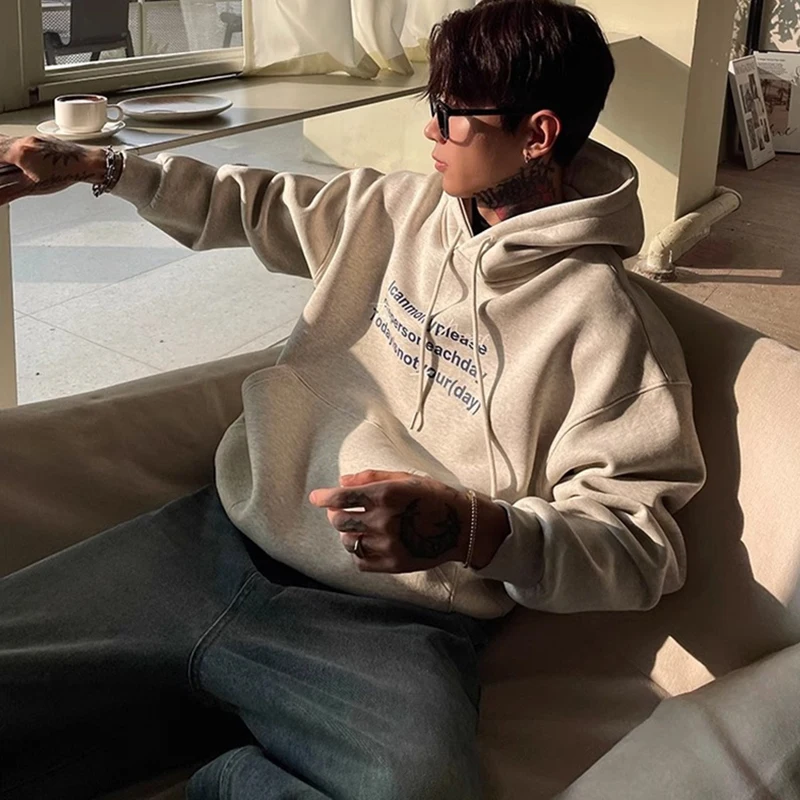 2025年秋 ハイストリート レタープリント コットン パーカー メンズ カジュアル Y2K ヴィンテージ フード付き スウェットシャツ ポケット プルオーバー パーカー